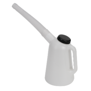 The Sealey Oil Container with Lid & Flexible Spout 1L - JDL1 is a white polyethylene jug with a screw cap, a long, flexible spout, and a built-in handle for easy pouring.