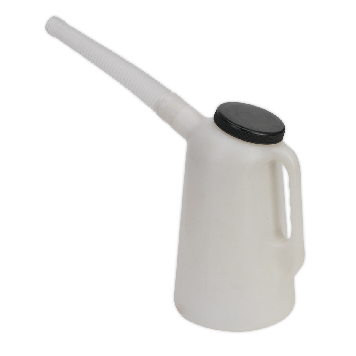 The Sealey Oil Container with Lid & Flexible Spout 2L - JDL2 is a white polyethylene jug equipped with a removable flexible spout and a black screw cap lid.