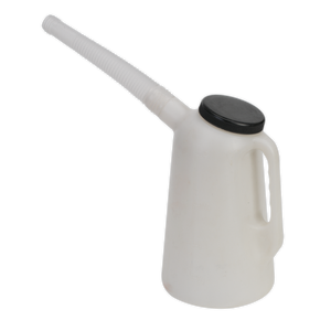 The Sealey Oil Container with Lid & Flexible Spout 2L - JDL2 is a white polyethylene jug equipped with a removable flexible spout and a black screw cap lid.