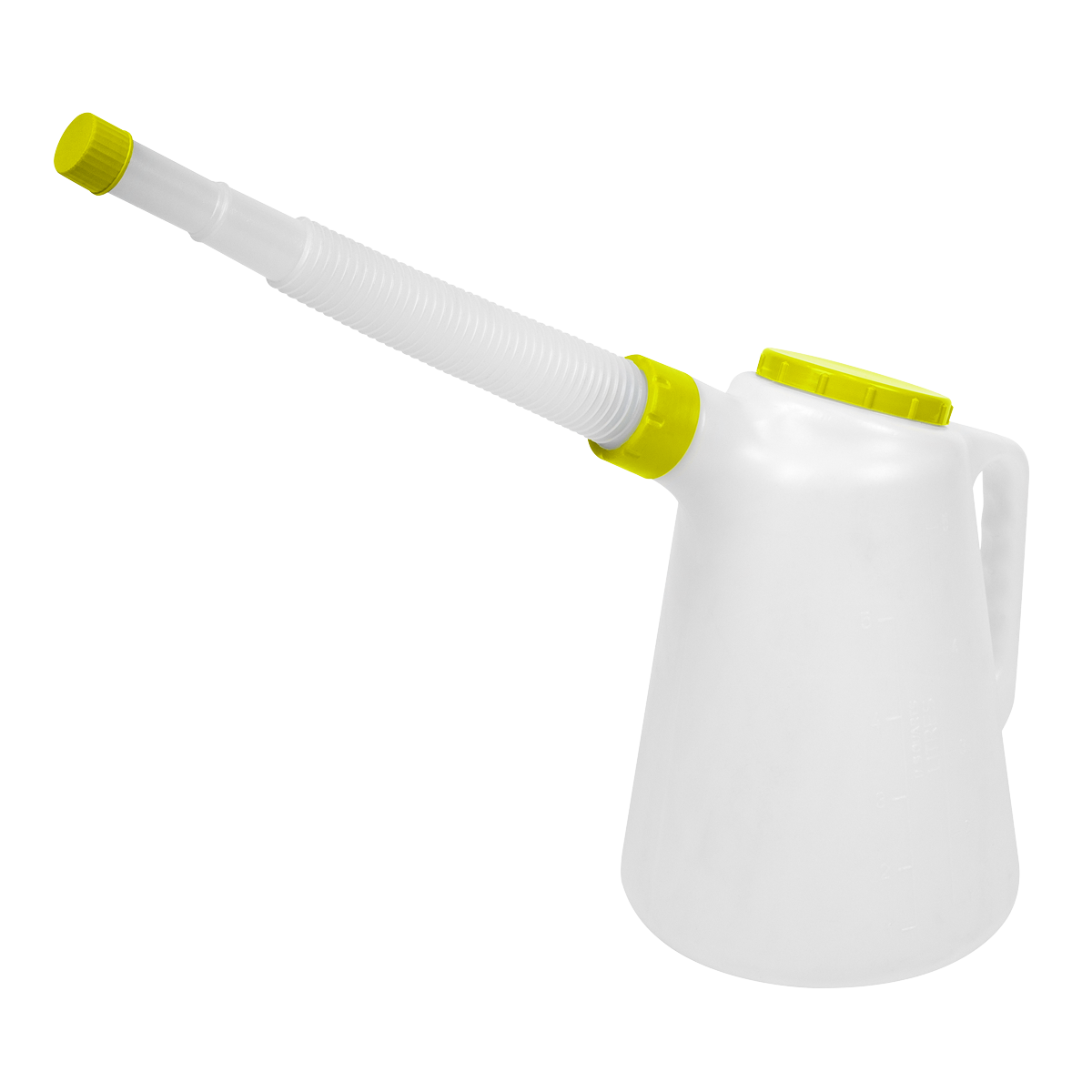 The Sealey Oil Container with Lime Lid & Flexible Spout 5L - JDL5L ensures spill prevention with its white polyethylene design and a flexible spout.