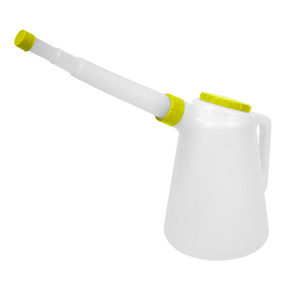 The Sealey Oil Container with Lime Lid & Flexible Spout 5L - JDL5L ensures spill prevention with its white polyethylene design and a flexible spout.
