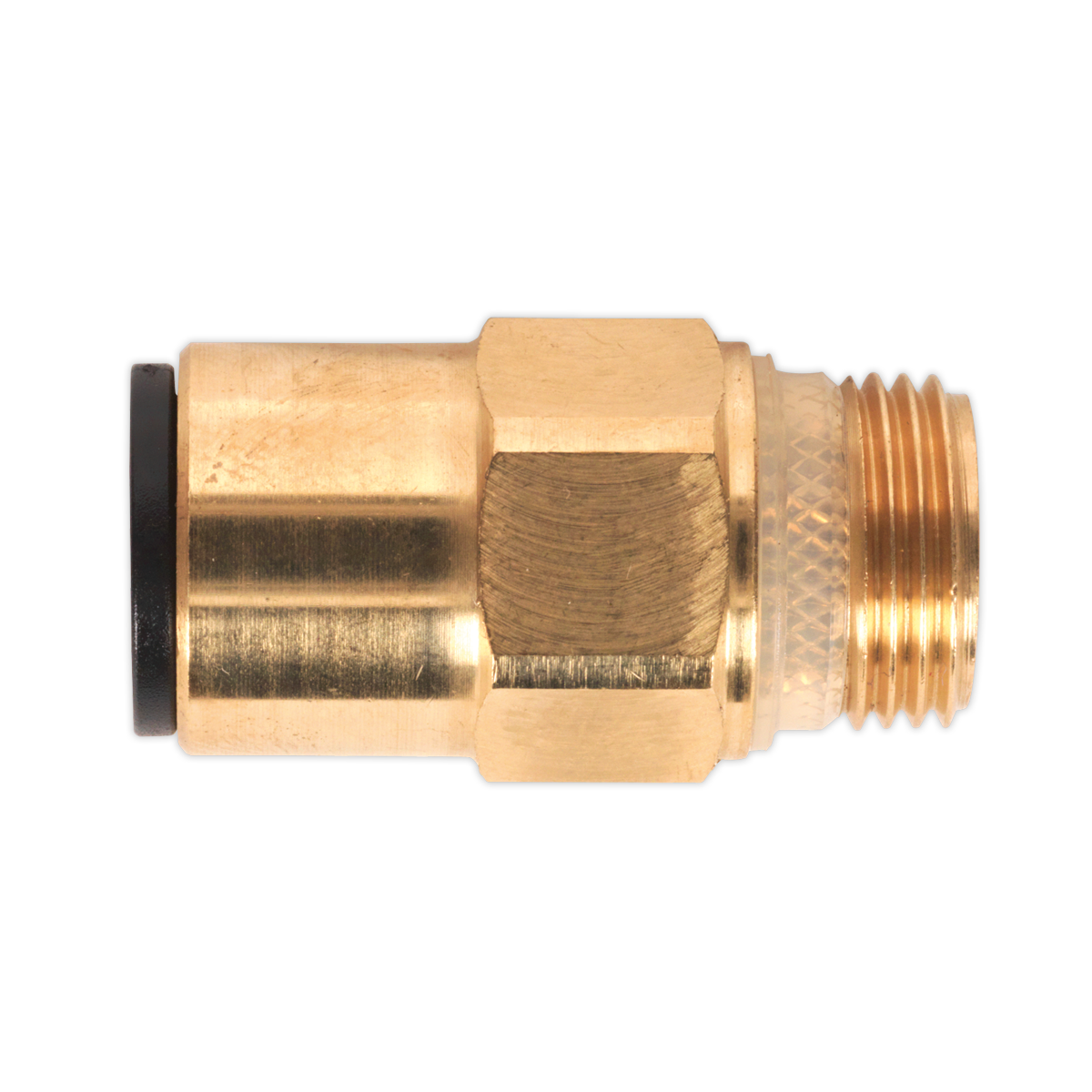 The Brass SuperThread Straight Adaptor by Sealey, sized at 12mm x 3/8"BSP and sold in a pack of 2 (John Guest Speedfit® - RM011213), features one threaded end and one smooth end. It is specifically designed for connecting to plumbing or hydraulic systems and functions seamlessly as a Speedfit® Pneumatic Coupling.