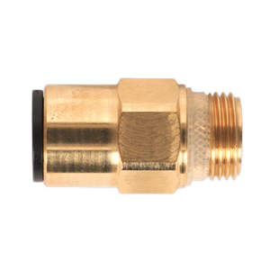 The Brass SuperThread Straight Adaptor by Sealey, sized at 12mm x 3/8"BSP and sold in a pack of 2 (John Guest Speedfit® - RM011213), features one threaded end and one smooth end. It is specifically designed for connecting to plumbing or hydraulic systems and functions seamlessly as a Speedfit® Pneumatic Coupling.