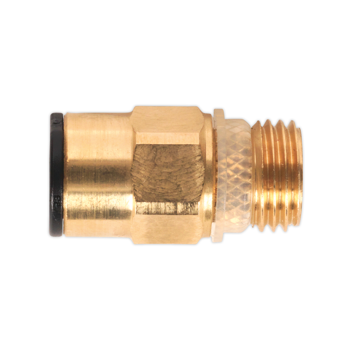 A Brass SuperThread Straight Adaptor 8mm x 1/4"BSP Pack of 2 (John Guest Speedfit® - RM10812) with threaded male ends and a knurled grip section in the center, offered by Sealey.