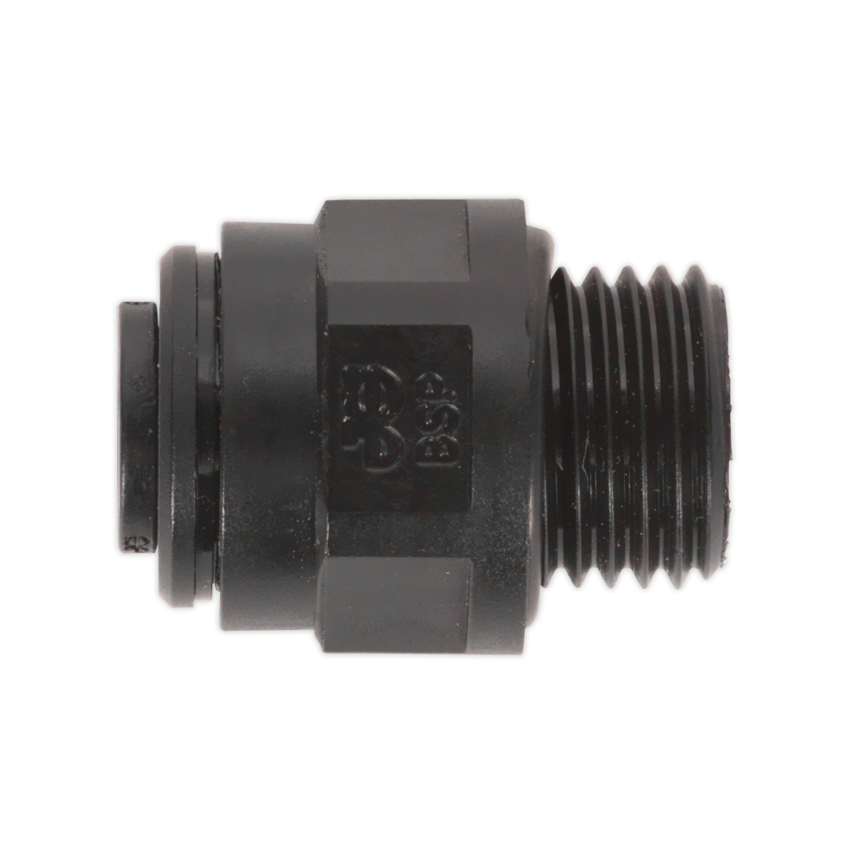 A Sealey Straight Adaptor, 10mm x 1/4"BSP (John Guest Speedfit® - PM011012E) JGC1014, black plastic threaded pipe fitting with a hexagonal middle section. Pack of 5.