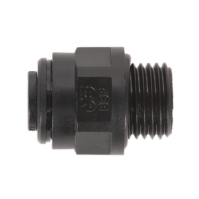 A Sealey Straight Adaptor, 10mm x 1/4"BSP (John Guest Speedfit® - PM011012E) JGC1014, black plastic threaded pipe fitting with a hexagonal middle section. Pack of 5.