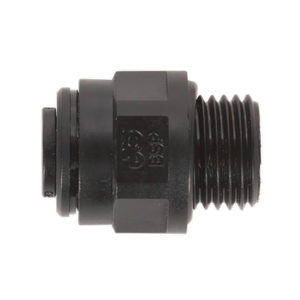 A Sealey Straight Adaptor, 10mm x 1/4"BSP (John Guest Speedfit® - PM011012E) JGC1014, black plastic threaded pipe fitting with a hexagonal middle section. Pack of 5.