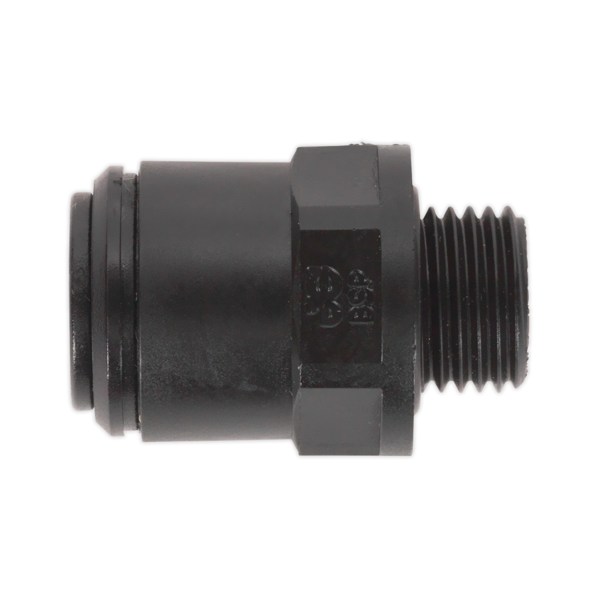 The Sealey Straight Adaptor 6mm x 1/4"BSP (John Guest Speedfit® - PM010612E) Pack of 5, model JGC614, is a black threaded plastic fitting with hexagonal and cylindrical sections designed for connecting two pipes in a plumbing system. It offers compatibility with Metric to Imperial thread couplings.