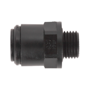 The Sealey Straight Adaptor 6mm x 1/4"BSP (John Guest Speedfit® - PM010612E) Pack of 5, model JGC614, is a black threaded plastic fitting with hexagonal and cylindrical sections designed for connecting two pipes in a plumbing system. It offers compatibility with Metric to Imperial thread couplings.