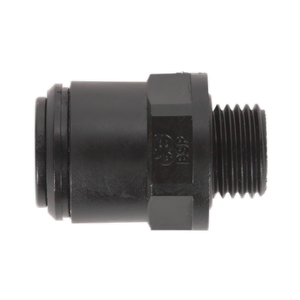 The Sealey Straight Adaptor 6mm x 1/4"BSP (John Guest Speedfit® - PM010612E) Pack of 5, model JGC614, is a black threaded plastic fitting with hexagonal and cylindrical sections designed for connecting two pipes in a plumbing system. It offers compatibility with Metric to Imperial thread couplings.