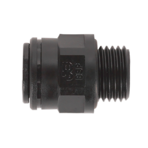 The Sealey Straight Adaptor 8mm x 1/4"BSP (Pack of 5), model JGC814 (John Guest Speedfit® - PM010812E), is a black plastic conduit fitting featuring a threaded end and a ribbed cylindrical section.
