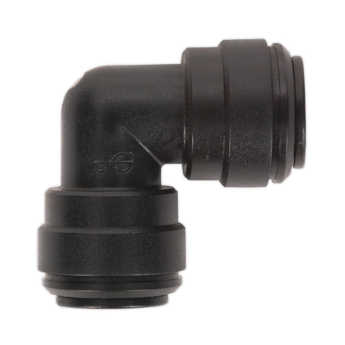 A high-quality black plastic elbow coupling (John Guest Speedfit® - PM0310E) in a 90-degree design with 10mm push-fit ends on both sides, compatible with the Speedfit® Pneumatic Coupling System, available in a pack of 5 from Sealey (JGCE10).