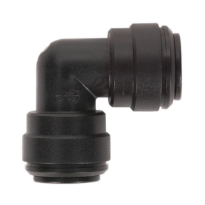 A high-quality black plastic elbow coupling (John Guest Speedfit® - PM0310E) in a 90-degree design with 10mm push-fit ends on both sides, compatible with the Speedfit® Pneumatic Coupling System, available in a pack of 5 from Sealey (JGCE10).