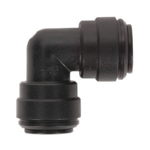 A high-quality black plastic elbow coupling (John Guest Speedfit® - PM0310E) in a 90-degree design with 10mm push-fit ends on both sides, compatible with the Speedfit® Pneumatic Coupling System, available in a pack of 5 from Sealey (JGCE10).