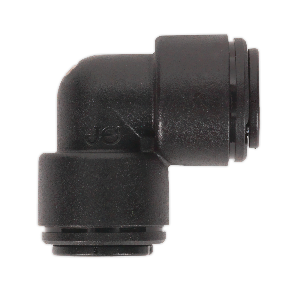 Close-up of a Sealey Elbow Coupling 8mm from a pack of 5 (model JGCE8, John Guest Speedfit® - PM038E), featuring a smooth black plastic surface with two connection points, ideal for use in John Guest Speedfit® systems.