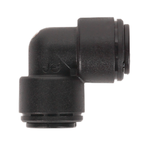 Close-up of a Sealey Elbow Coupling 8mm from a pack of 5 (model JGCE8, John Guest Speedfit® - PM038E), featuring a smooth black plastic surface with two connection points, ideal for use in John Guest Speedfit® systems.