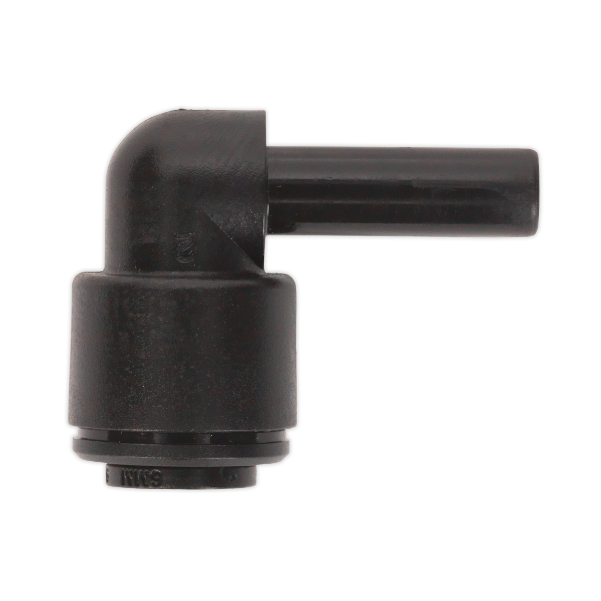 A Sealey black plastic John Guest Speedfit® Stem Elbow 6mm fitting (Pack of 5, PM220606E - JGCET6) featuring a 90-degree angle with cylindrical openings on both ends.