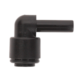 A Sealey black plastic John Guest Speedfit® Stem Elbow 6mm fitting (Pack of 5, PM220606E - JGCET6) featuring a 90-degree angle with cylindrical openings on both ends.