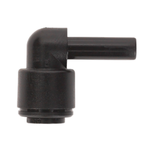 A Sealey black plastic John Guest Speedfit® Stem Elbow 6mm fitting (Pack of 5, PM220606E - JGCET6) featuring a 90-degree angle with cylindrical openings on both ends.