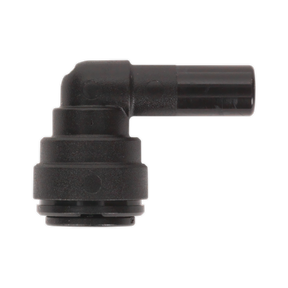 Close-up of a black L-shaped pipe connector with a cylindrical body, resembling the efficient design found in Sealey's John Guest Speedfit® Stem Elbow 8mm Pack of 5 (PM220808E - JGCET8).