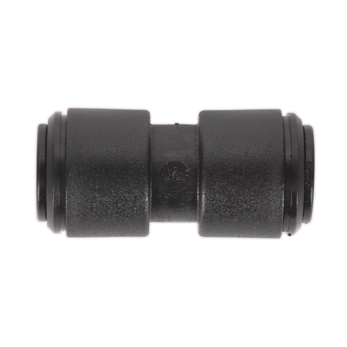 The Sealey Straight Coupling 10mm Pack of 5 (John Guest Speedfit® - PM0410E) - JGCS10 is a black cylindrical pipe connector featuring ridged ends, a smooth central section, and is designed to fit 10mm pipes for streamlined connections.