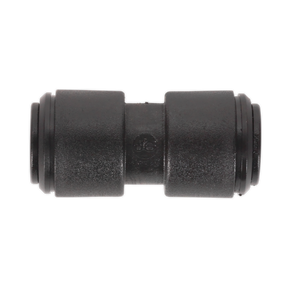 The Sealey Straight Coupling 10mm Pack of 5 (John Guest Speedfit® - PM0410E) - JGCS10 is a black cylindrical pipe connector featuring ridged ends, a smooth central section, and is designed to fit 10mm pipes for streamlined connections.