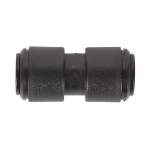 The Sealey Straight Coupling 10mm Pack of 5 (John Guest Speedfit® - PM0410E) - JGCS10 is a black cylindrical pipe connector featuring ridged ends, a smooth central section, and is designed to fit 10mm pipes for streamlined connections.