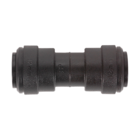 A black plastic Sealey Straight Coupling (John Guest Speedfit® - PM0412E) with a 12 mm diameter on both sides, available in a pack of 5.