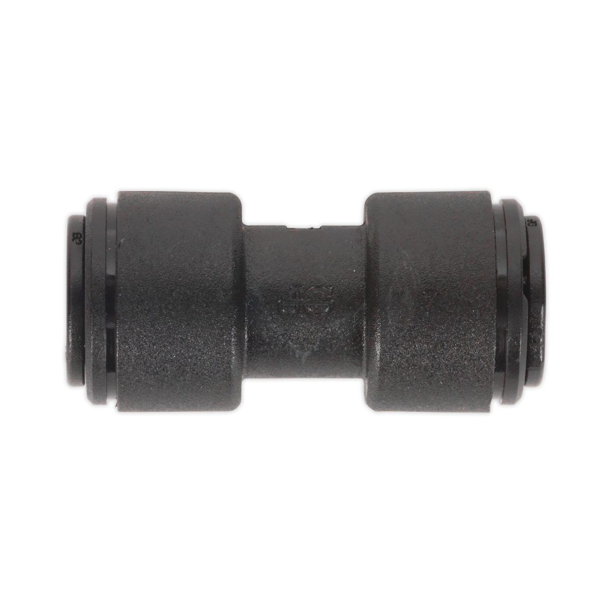 A Sealey John Guest Speedfit® PM0408E straight coupling in black plastic, used for joining two pieces of 8mm tubing or piping, available in a pack of 5 (JGCS8).