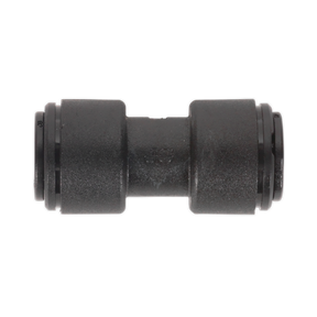 A Sealey John Guest Speedfit® PM0408E straight coupling in black plastic, used for joining two pieces of 8mm tubing or piping, available in a pack of 5 (JGCS8).