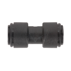 A Sealey John Guest Speedfit® PM0408E straight coupling in black plastic, used for joining two pieces of 8mm tubing or piping, available in a pack of 5 (JGCS8).