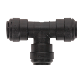A black plastic Equal Tee 12mm T-fitting, part of a pack of 5 from Sealey (John Guest Speedfit® - PM0212E, JGCT12), with three 12mm connection points, perfect for pneumatic coupling systems.