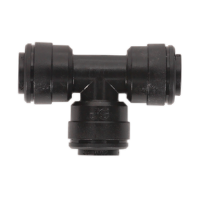 The Sealey Equal Tee 6mm pack of 5 (John Guest Speedfit® - PM0606E, JGCT6) is a black plastic T-shaped push-to-connect fitting with three ports for connecting air or fluid lines, featuring high-quality components ideal for any pneumatic coupling system.