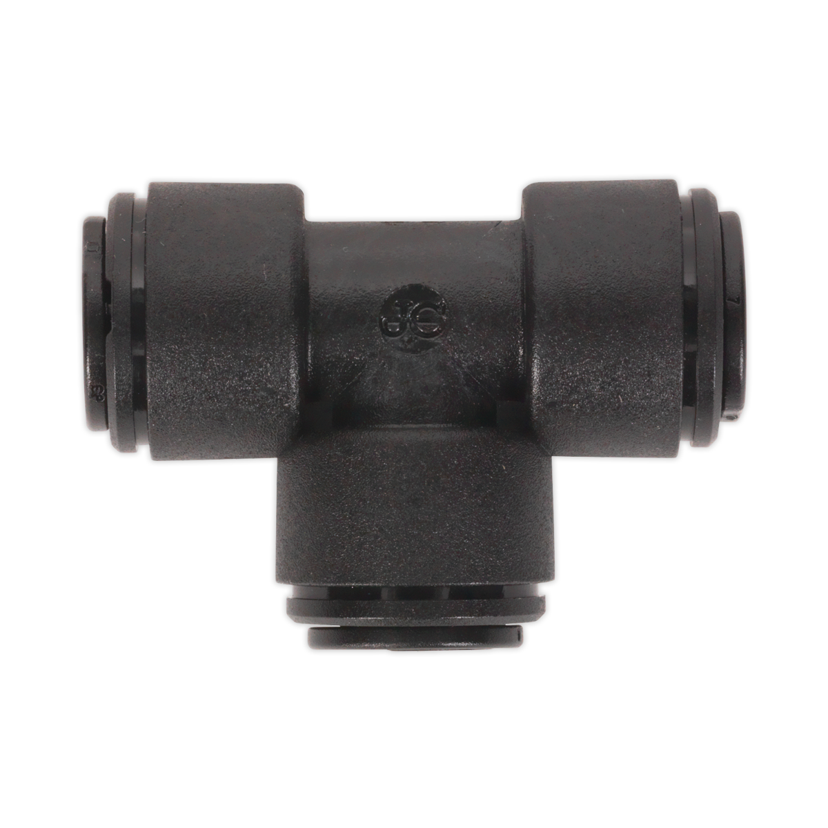 The Equal Tee 8mm (Pack of 5) by Sealey (John Guest Speedfit® - PM0208E) - JGCT8 is a black plastic T-shaped pneumatic fitting with three connection points for tube insertion, seamlessly integrating into the John Guest Speedfit Pneumatic Coupling System.