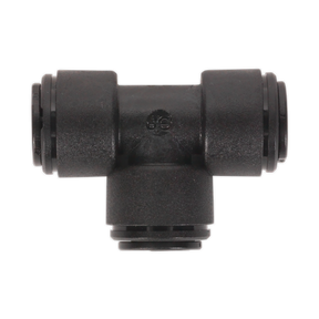 The Equal Tee 8mm (Pack of 5) by Sealey (John Guest Speedfit® - PM0208E) - JGCT8 is a black plastic T-shaped pneumatic fitting with three connection points for tube insertion, seamlessly integrating into the John Guest Speedfit Pneumatic Coupling System.