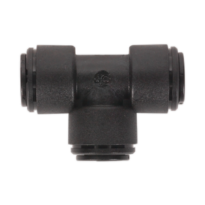 The Equal Tee 8mm (Pack of 5) by Sealey (John Guest Speedfit® - PM0208E) - JGCT8 is a black plastic T-shaped pneumatic fitting with three connection points for tube insertion, seamlessly integrating into the John Guest Speedfit Pneumatic Coupling System.