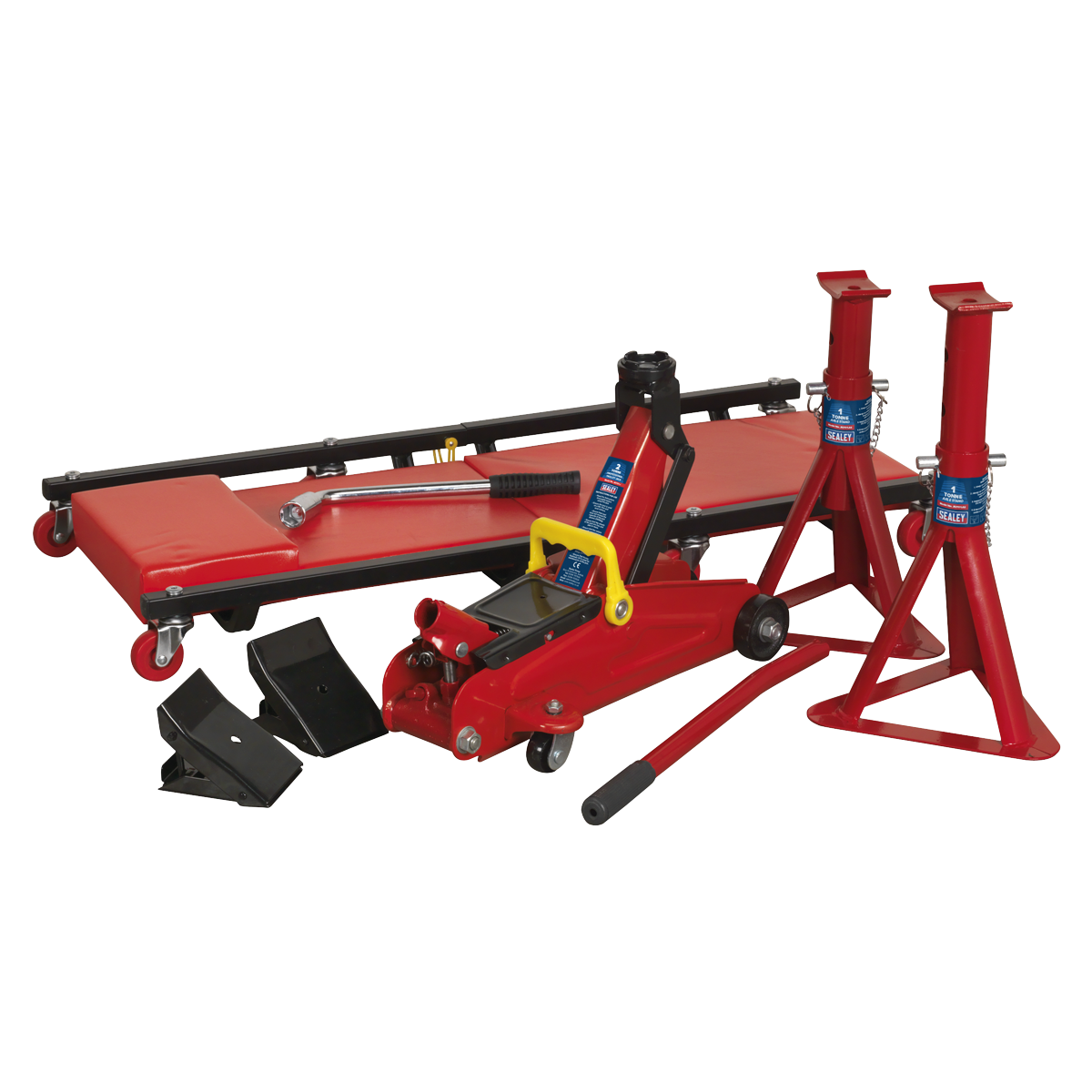 Introducing the Sealey Lifting Kit 5pc 2 Tonne - JKIT01, a comprehensive red automotive jack set that includes a Tonne trolley jack, two axle stands, two wheel chocks, and a car creeper with a padded surface and wheels.