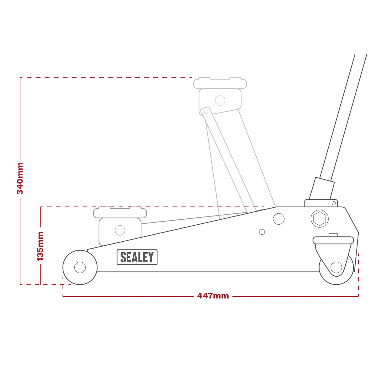 Diagram of a Sealey Lifting Kit 5pc 2 Tonne (Inc Jack, Axle Stands, Creeper, Chocks & Wrench) - JKIT01 showing dimensions: 340mm height, 135mm minimum lift height, and 447mm length.