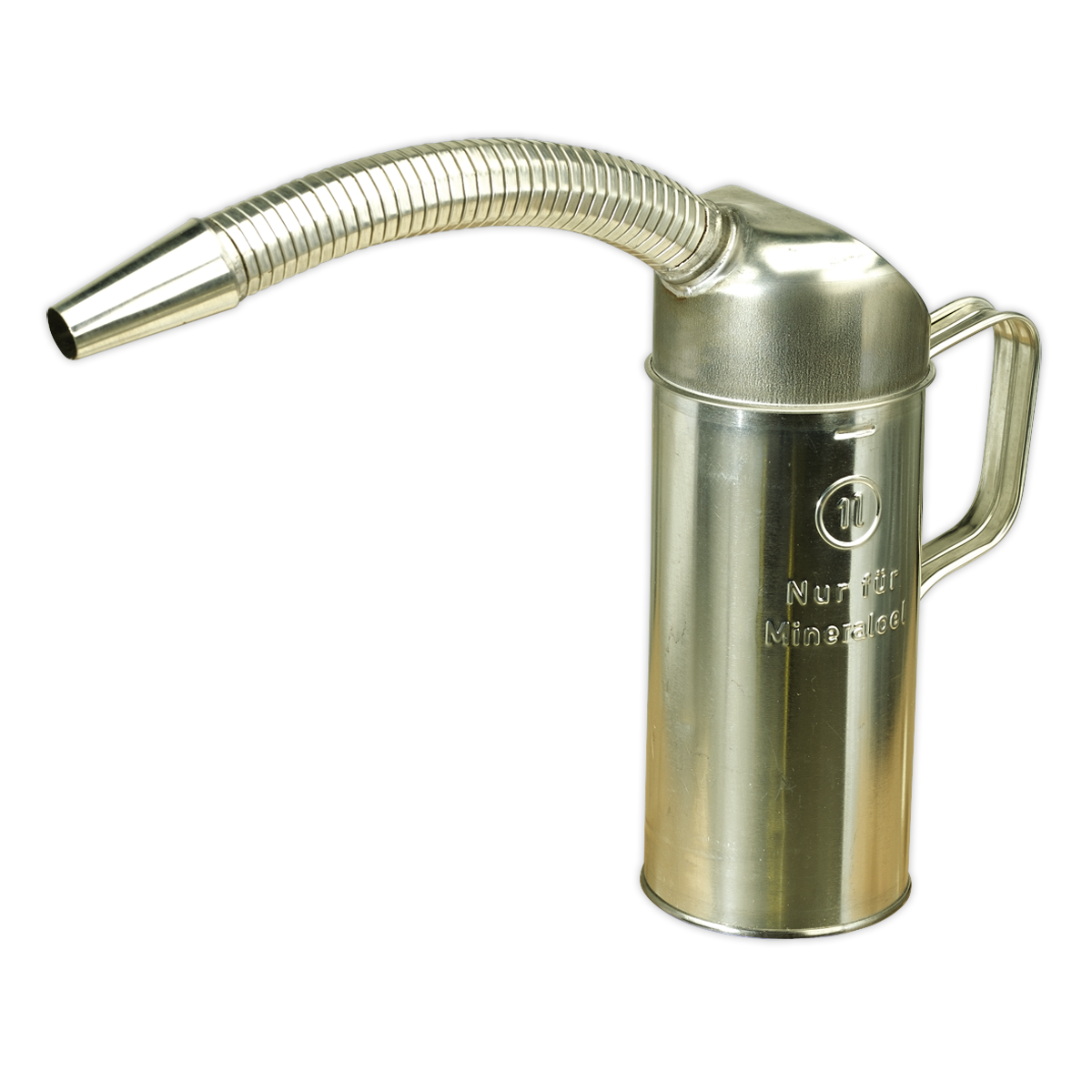 A Sealey Measuring Jug Metal with Flexible Spout 1L - JM1F is depicted against a white background, designed for easy pouring with its long, flexible metal spout and side handle.