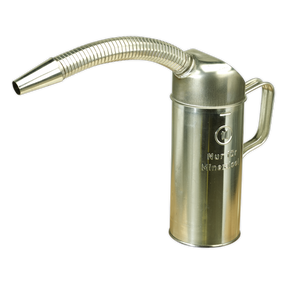 A Sealey Measuring Jug Metal with Flexible Spout 1L - JM1F is depicted against a white background, designed for easy pouring with its long, flexible metal spout and side handle.