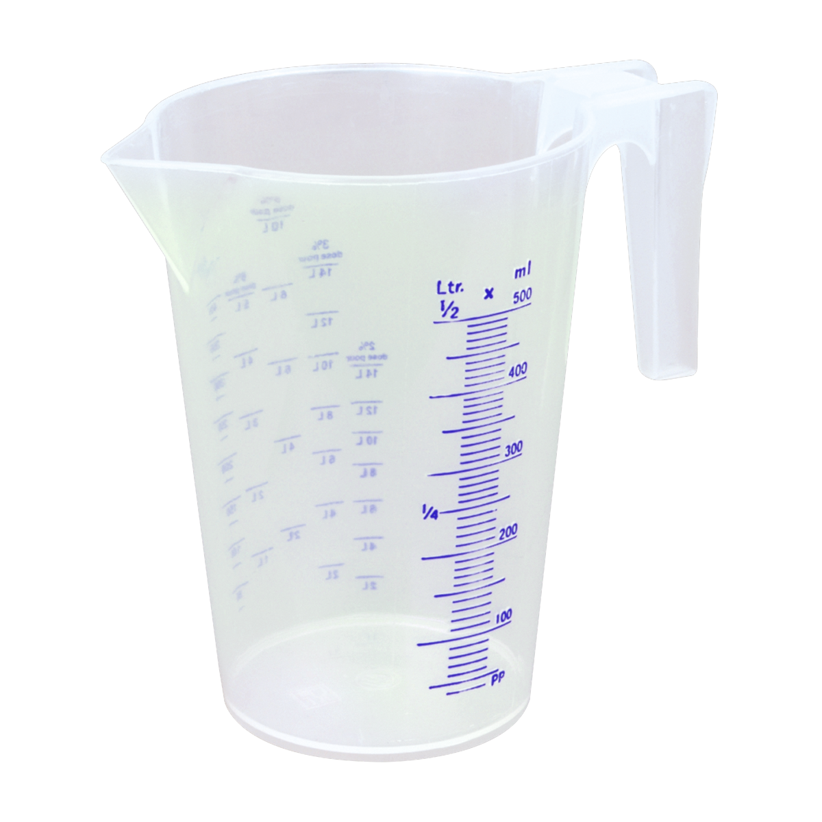 The Sealey Mixture Measuring Jug 500ml - JM500 features a translucent design with a blue, easy-to-read scale in both milliliters and liters, along with a spout for pouring and a convenient handle.