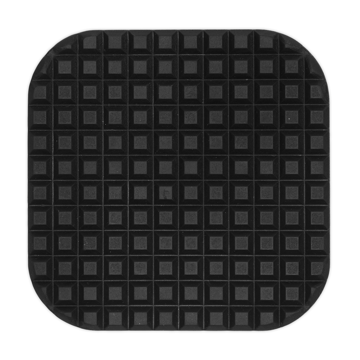 The Sealey Safety Rubber Jack Pad - Type A - JP01 is a square, black rubber mat featuring a raised grid pattern of small squares, making it ideal for positioning under a jack saddle.