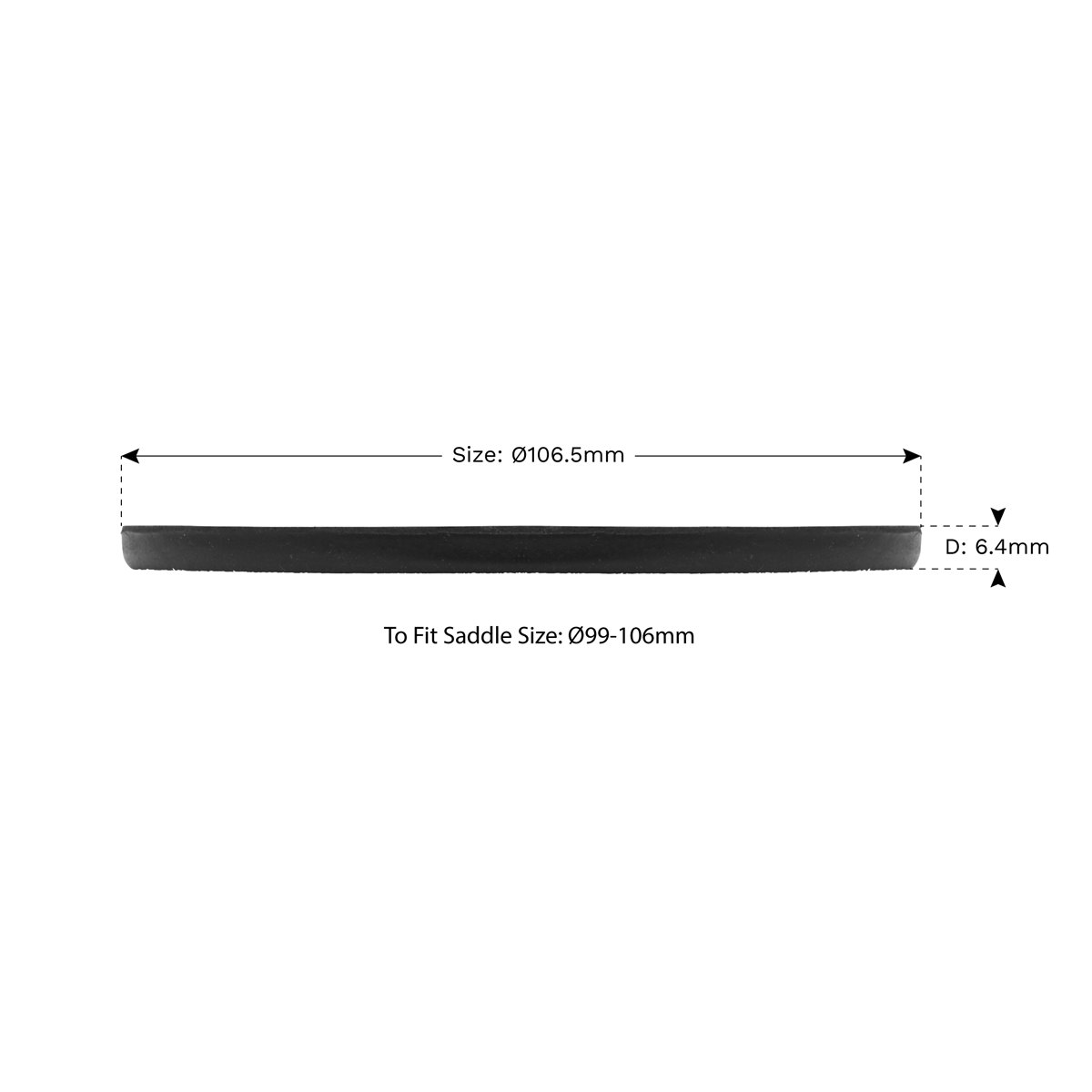 Side view of the Sealey Safety Rubber Jack Pad - Type B - JP02, a round black object with labeled dimensions: diameter 106.5mm, depth 6.4mm. The text indicates it fits jack saddle sizes 99-106mm and Type B design vehicle jacking points.
