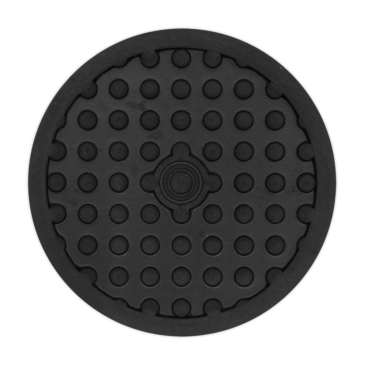 A **Sealey Safety Rubber Jack Pad** in black, featuring a round shape with raised dots and a central circular Type B design, model **JP02**.