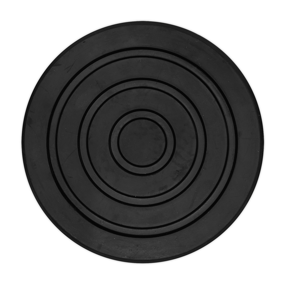 The Sealey Safety Rubber Jack Pad - Type A - JP04 is a black round rubber mat featuring concentric circles, perfect for use with a jack saddle or a Type A design vehicle jacking point.