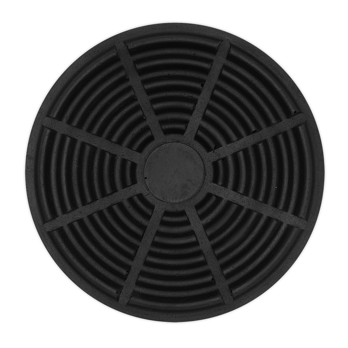 A Safety Rubber Jack Pad - Type A (JP07) by Sealey, featuring a circular black metal grate with a central solid disc and radiating spokes interconnected by concentric rings, reminiscent of its jack saddle design.