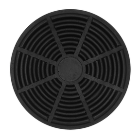 A Safety Rubber Jack Pad - Type A (JP07) by Sealey, featuring a circular black metal grate with a central solid disc and radiating spokes interconnected by concentric rings, reminiscent of its jack saddle design.