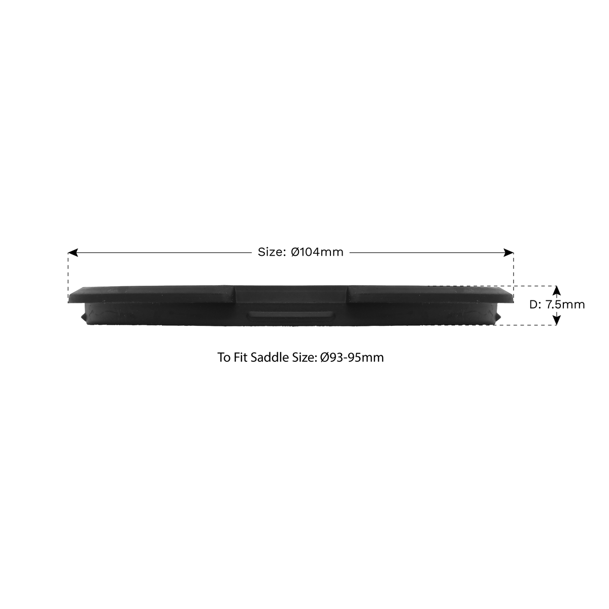 Side view of the Sealey Safety Rubber Jack Pad - Type B - JP09 in black, with dimensions indicated: 104 mm in length, 7.5 mm in depth, fits saddle size 93-95 mm. Compatible with the Type B design for jack pads or vehicle jacking points.