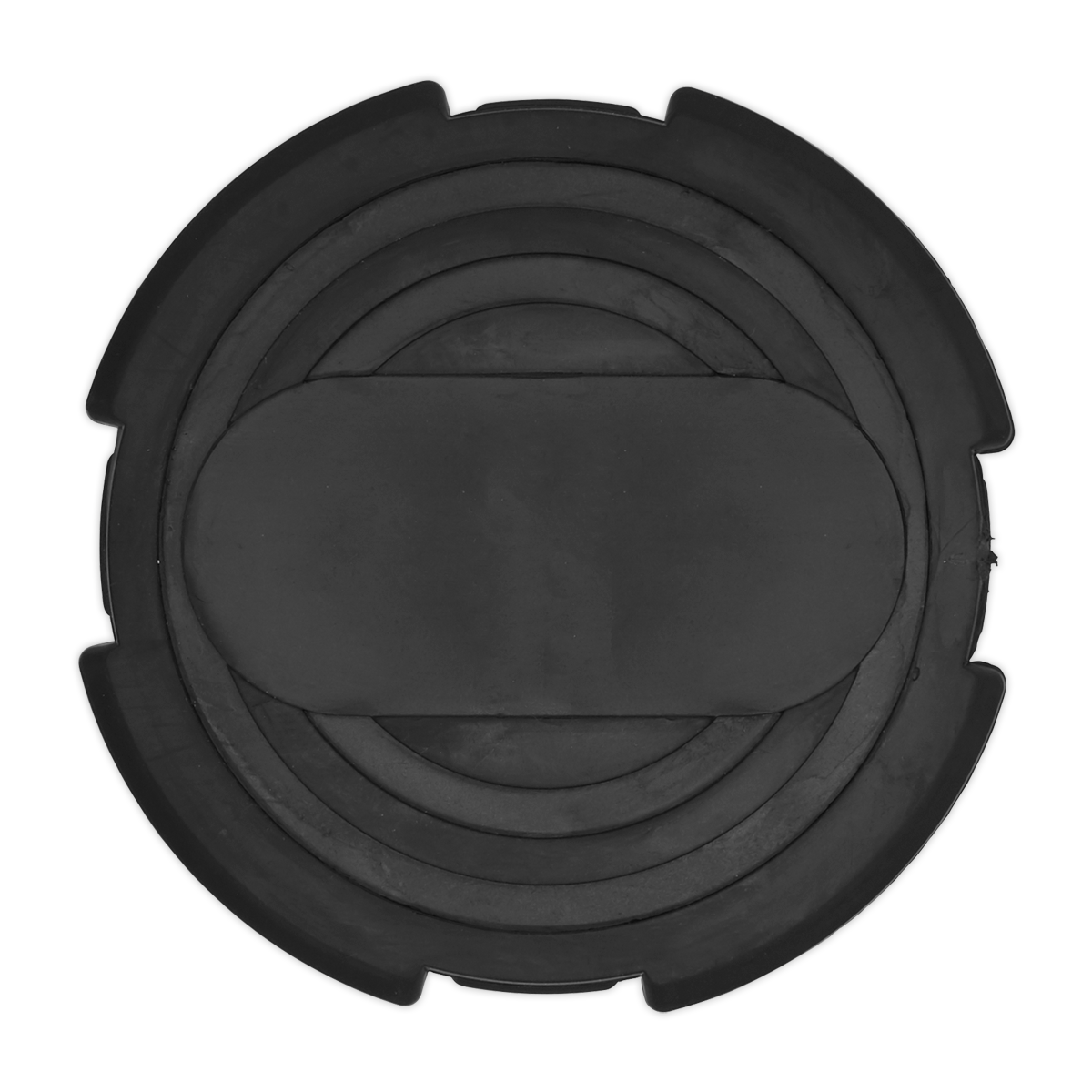 A black, round, multi-layered plastic object with a rectangular section in the center, designed as the Sealey Safety Rubber Jack Pad - Type B - JP09 for vehicle jacking points.