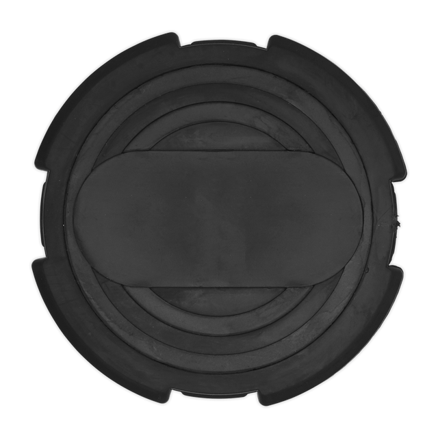 A black, round, multi-layered plastic object with a rectangular section in the center, designed as the Sealey Safety Rubber Jack Pad - Type B - JP09 for vehicle jacking points.